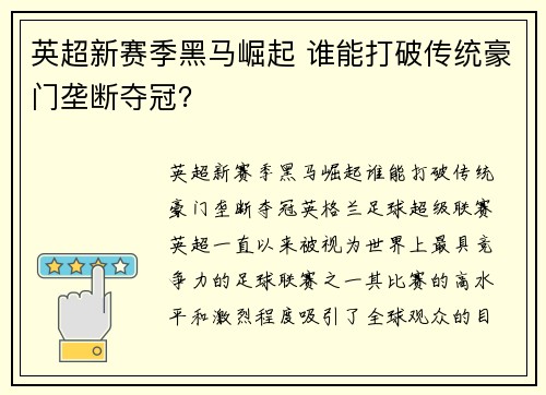 英超新赛季黑马崛起 谁能打破传统豪门垄断夺冠? 英超新赛季黑马崛起 谁能打破传统豪门垄断夺冠?